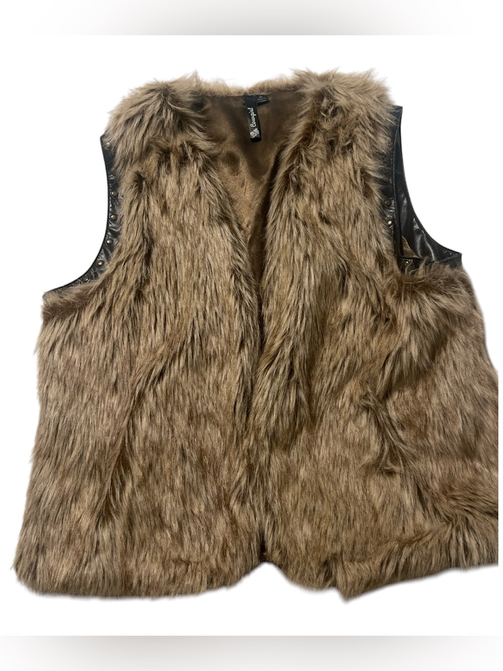 RU Cowgirl Women’s Faux Fur Vest Brown Taupe Studded Faux Leather Trim western